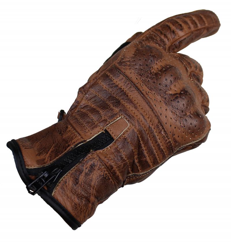 Motorrad & Biker Lamm Leder Handschuhe mit Zipper Braun