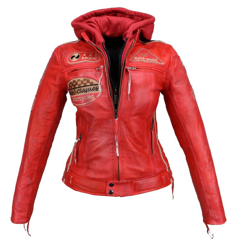 Alpha Speeds® Lederjacke Damen Biker Jacke Motorrad Jacke Freizeit Highway Rot