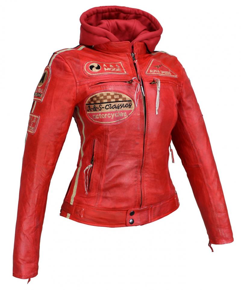 Alpha Speeds® Lederjacke Damen Biker Jacke Motorrad Jacke Freizeit Highway Rot