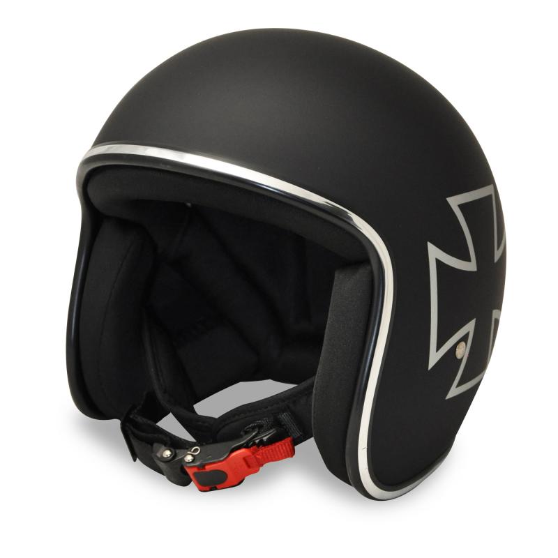 ALPHA SPEEDS Motorradhelm ATELIER — Classic Iron Cross, Jet-Helm • Fiberglas • Matt Schwarz