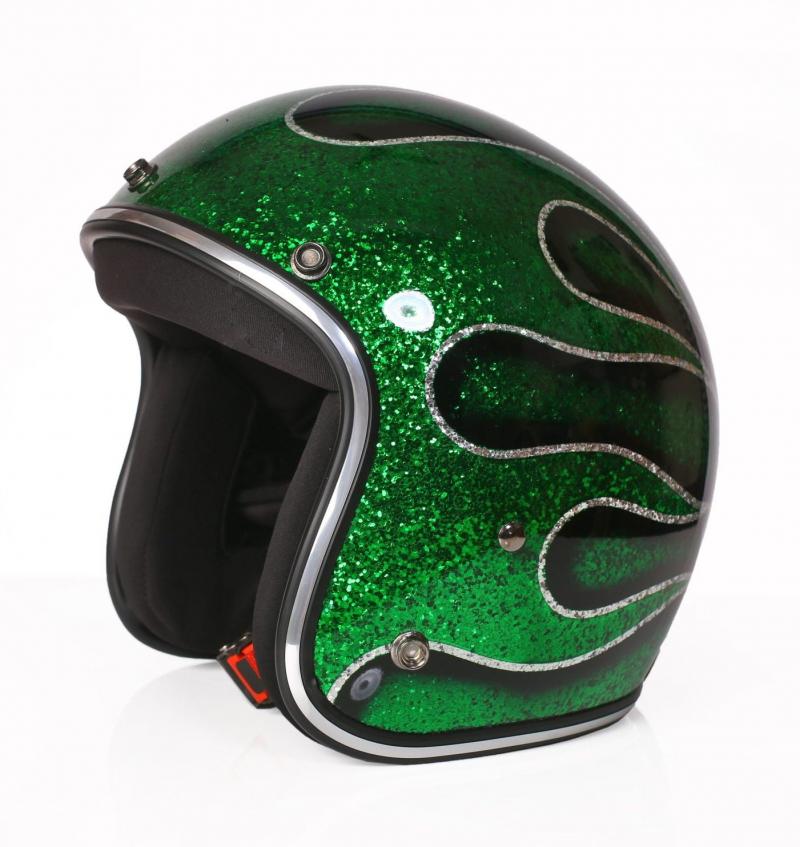 ALPHA SPEEDS Motorradhelm ATELIER — Blaze Emerald Flame, Metal-Super-Flake• Fiberglas • Grün